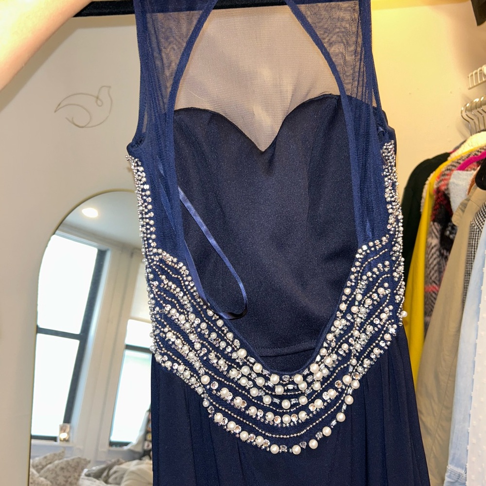 Navy Embellished Backless Prom Gown